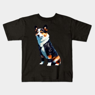 Cool Corgi in Black Leather Jacket Kids T-Shirt